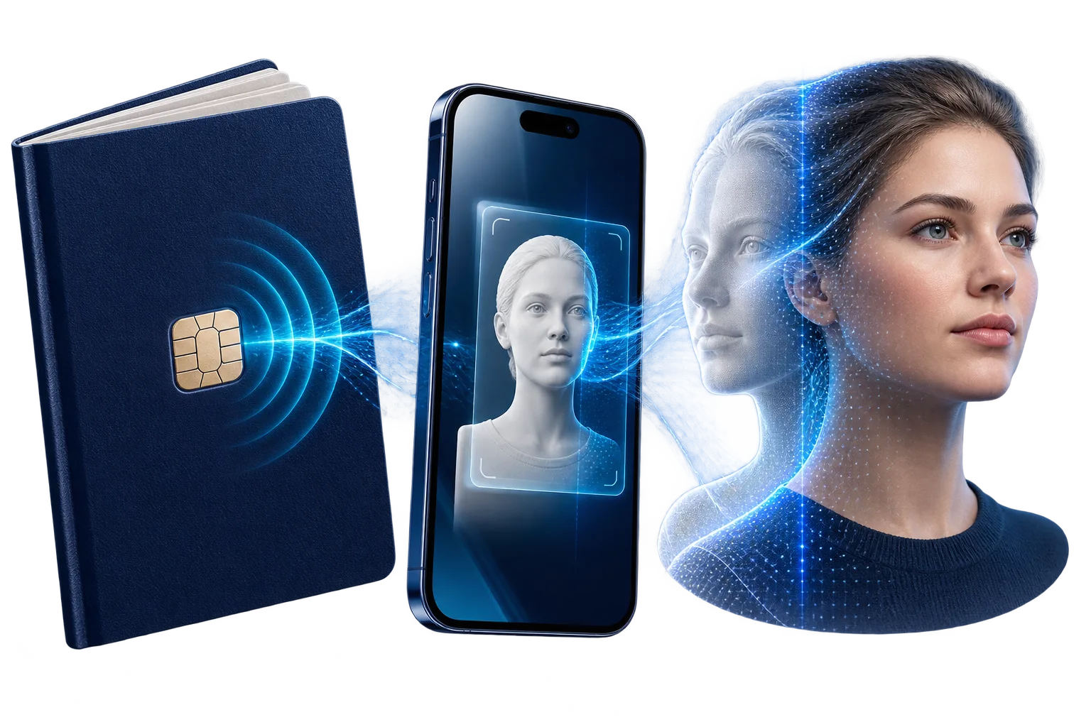 A document chip, phone and human portrait connected as one verification path