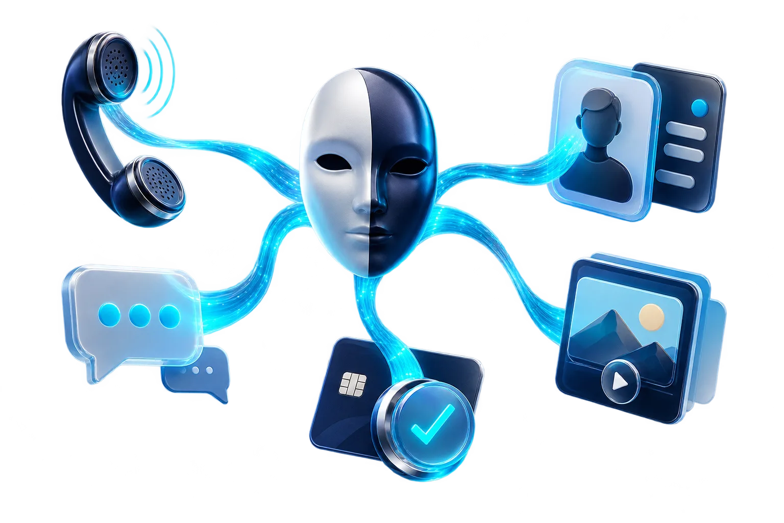 A synthetic identity branching into calls, messages, accounts, transactions and content