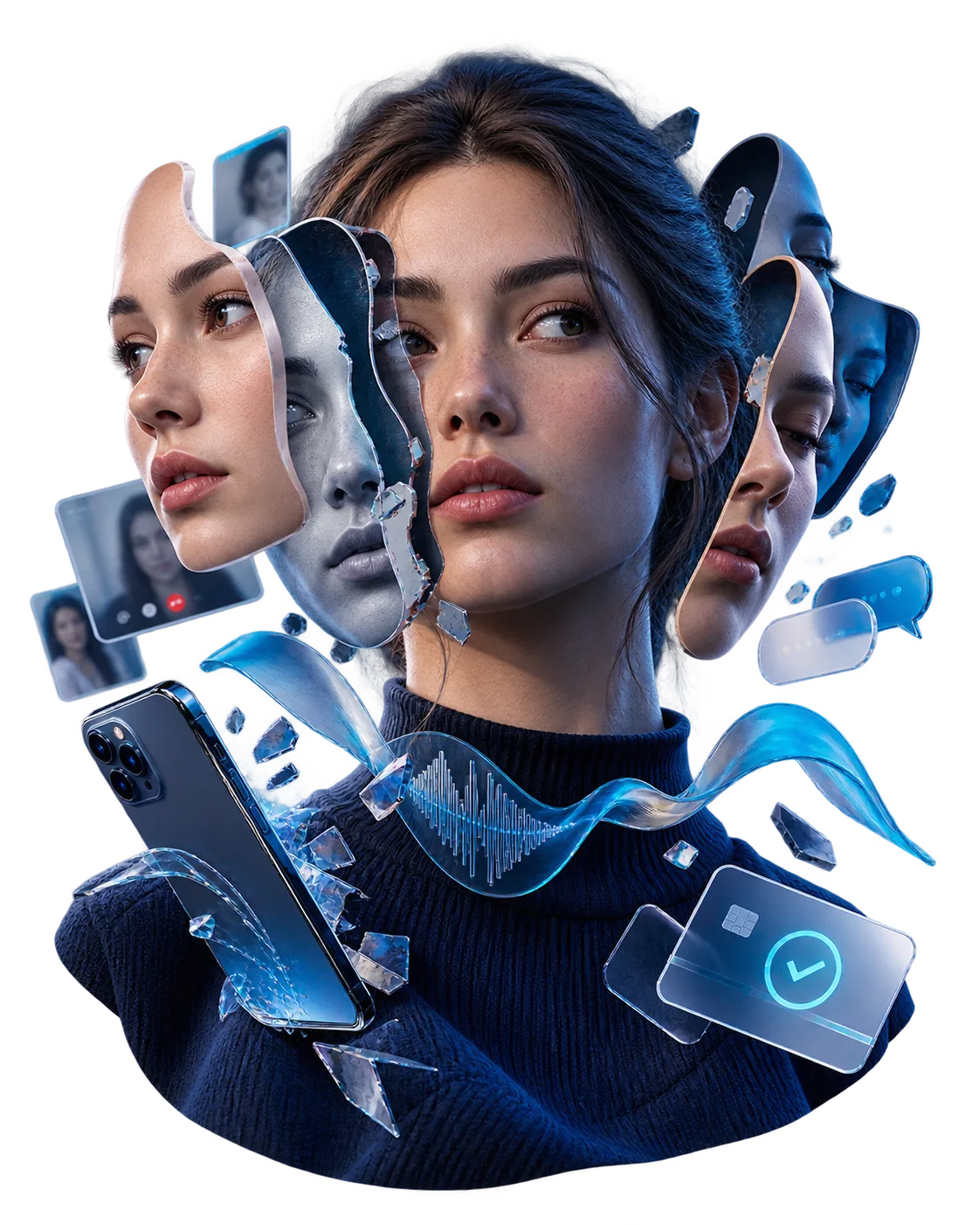 An anonymous human surrounded by synthetic copies, calls and digital transaction fragments