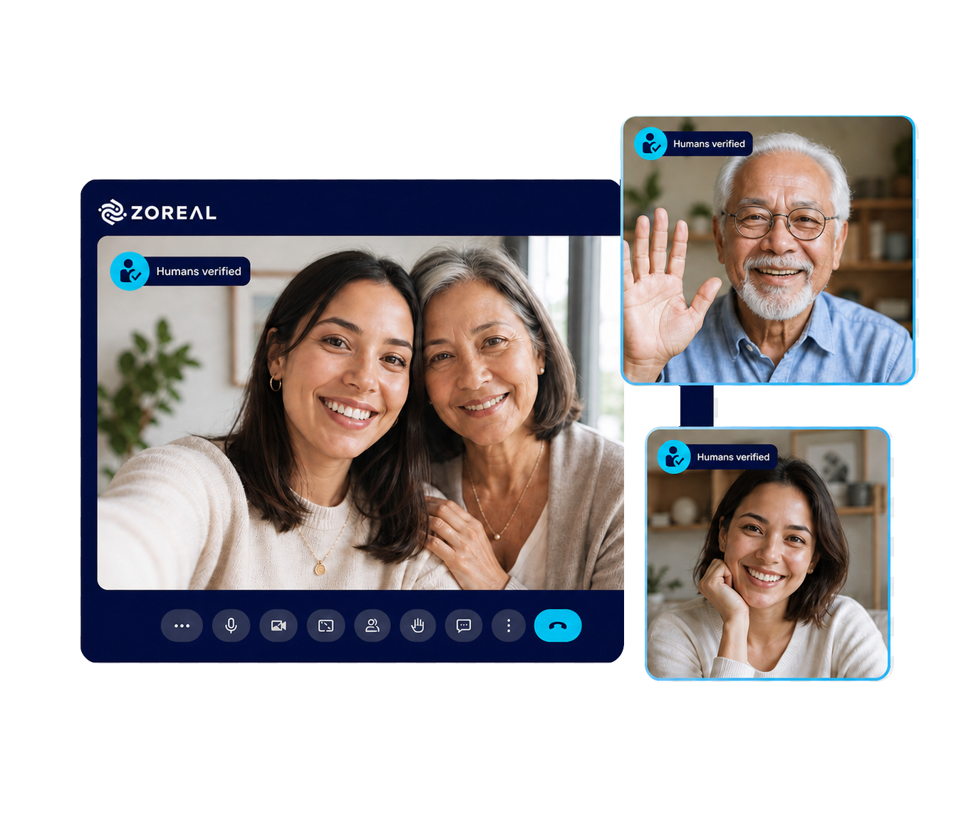 A ZOREAL Meet call with three participants, each tile marked as a verified human