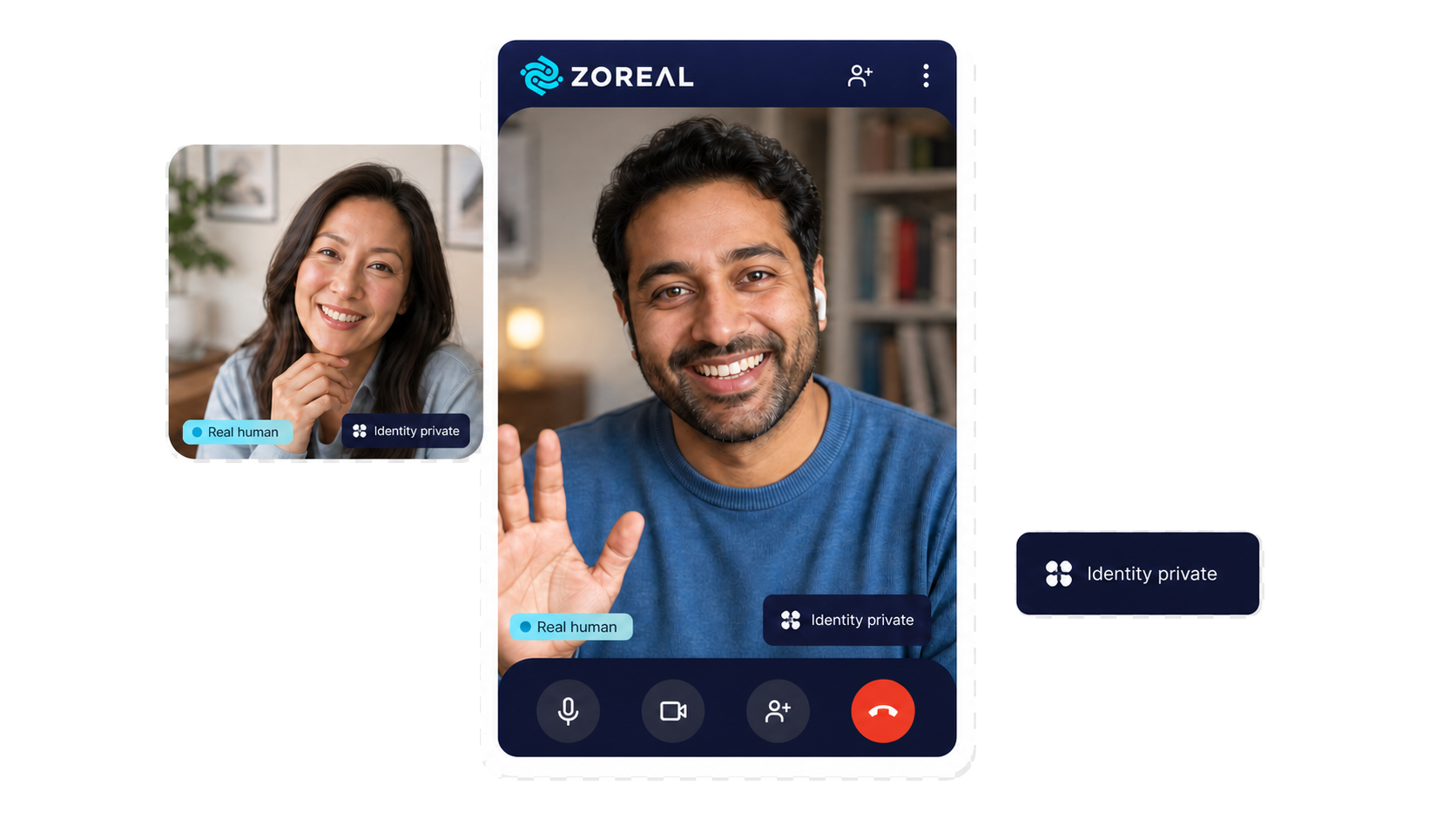 A one-to-one ZOREAL call where both people carry Real human and Identity private badges