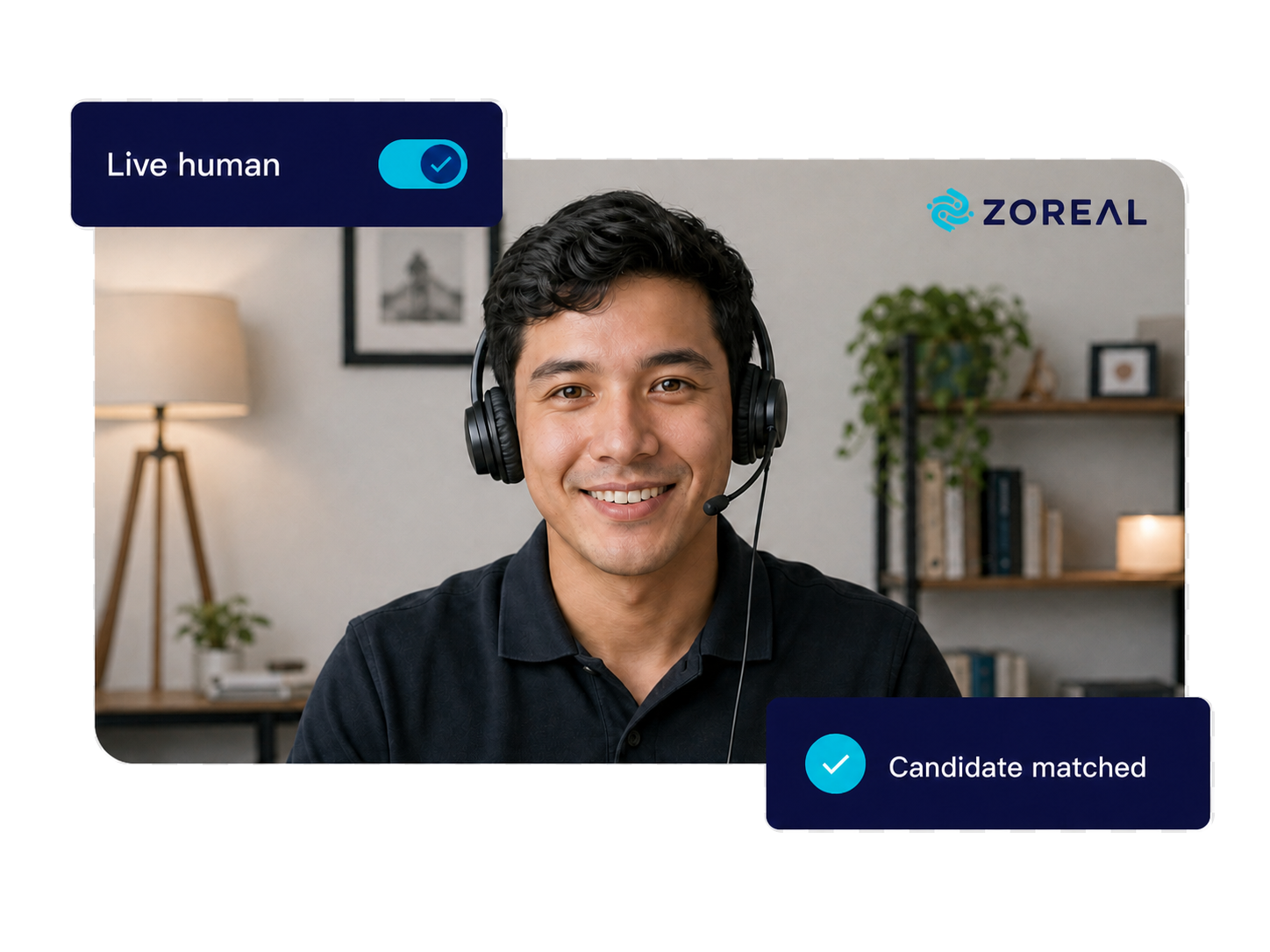 A candidate on a ZOREAL call with the Live human check on and a Candidate matched badge